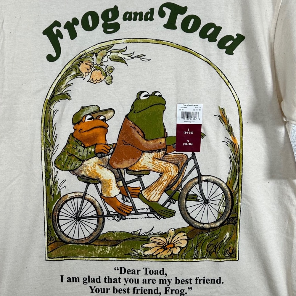 Frog and Toad Together Best Friend Tandem Bike Graphic T-Shirt Cream Mens Small